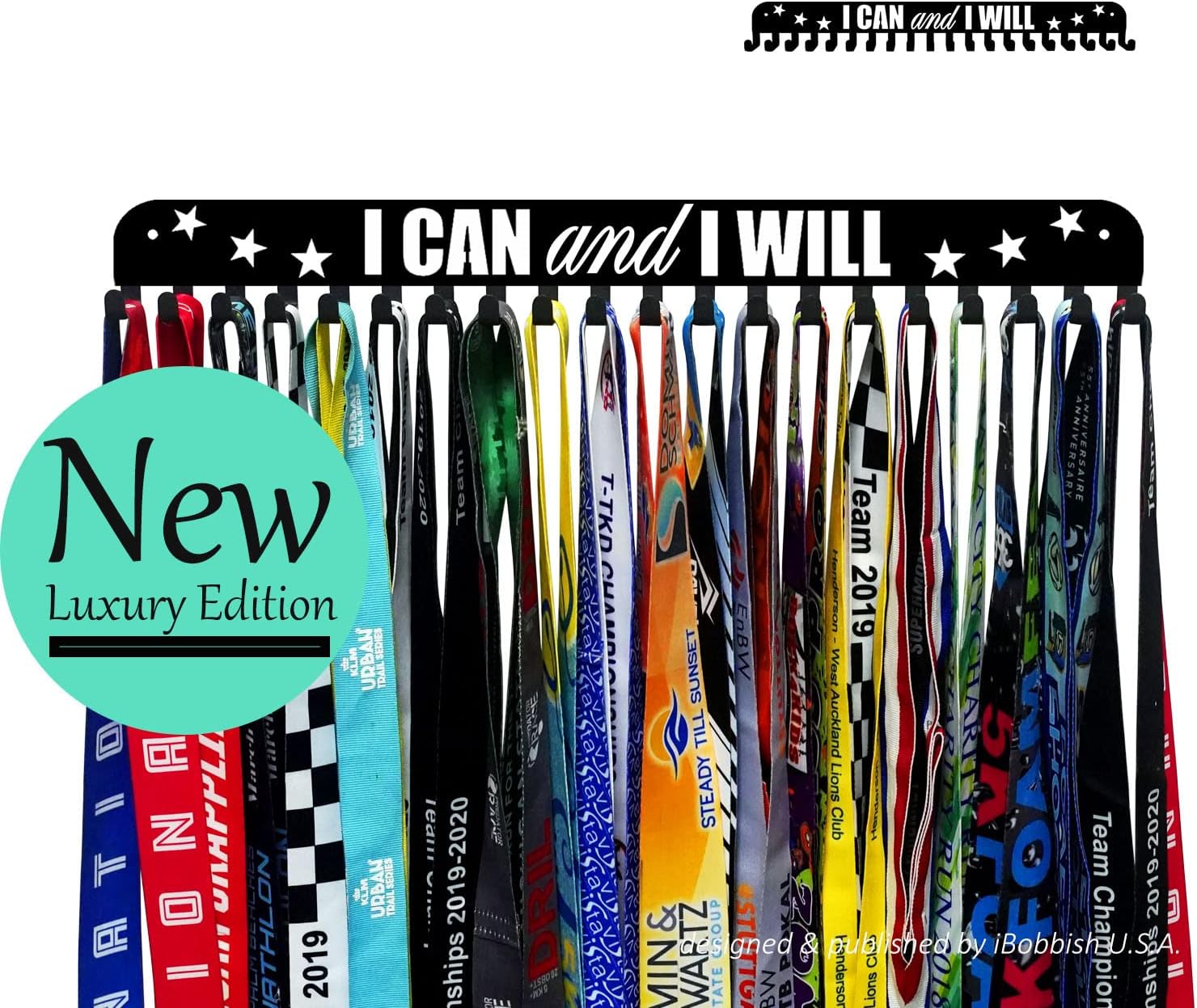 Premium Medal Display Hanger - "Never Give Up" Design with 20 Hooks | 16-Inch Wall-Mounted Medal Holder for Gymnastics, Race, Soccer, Swim