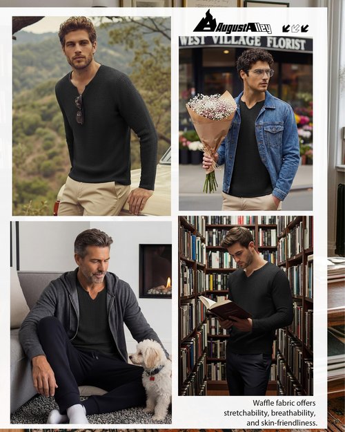 August Alley Men's Waffle V Neck Shirt Long Sleeve Thermal Pullover Top Casual Stretch Lightweight Undershirt(Black,X-Large)