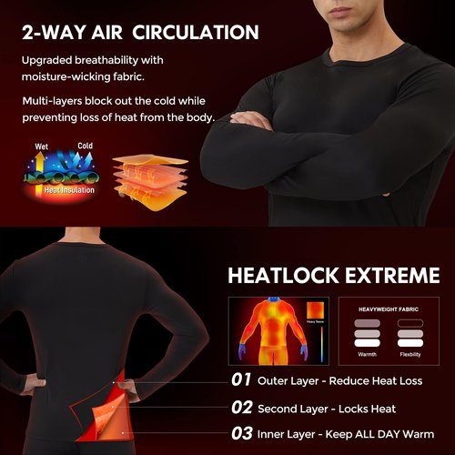 2 Pack Men's Thermal Shirts Fleece Lined Long Sleeve Tops Base Layer Compression Long Johns Undershirt Running Gear for Winter Cold Weather,X-Large,Heavyweight 2 PCS-Black/Black