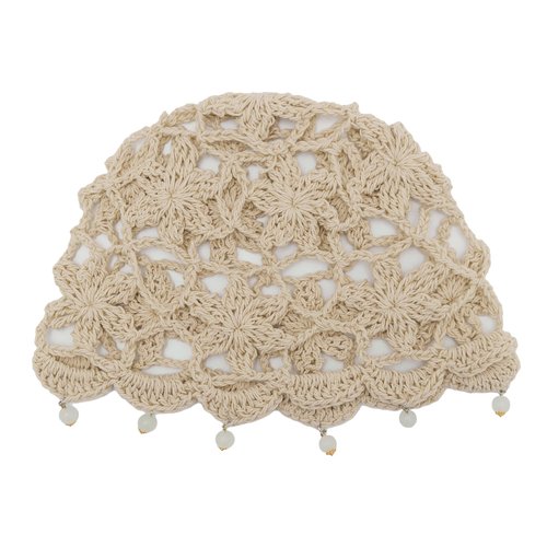 ZLYC Women Cotton Crochet Skull Cap Handmade Knit Cutout Floral Beanie Hat, Beads Beige