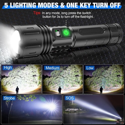 Banral LED Flashlights High Lumens Rechargeable, 5000mAh Super Bright Powerful Flashlight, Type-C, 5 Modes, Zoomable, IPX5 Waterproof High Powered Tactical Flash Light for Emergency Camping Hiking