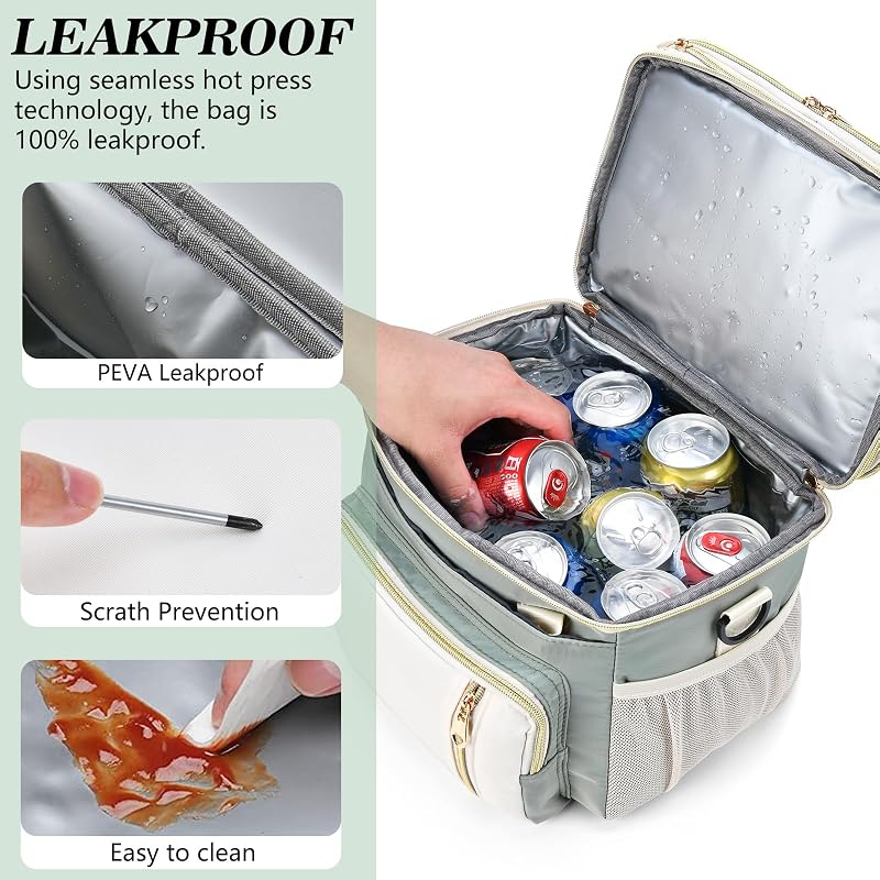 Expandable 16L Insulated Lunch Bag for Women - Double Deck Leakproof Cooler Tote (Olive Green)