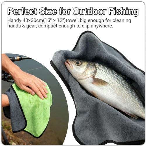 mayoken® 9 Pack Gray Fishing Towels with Clips & Zinger Retractors, Quick-Dry Absorbent Microfiber Bait Towels for Fishing, Boating, Kayaking, Camping & Hiking