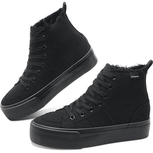 Obtaom High Top Platform Sneakers Women Mid Calf Play Canvas Shoes Washed Platform Skate Skateboard Shoe Casual Canvas Fashion Sneakers(Black Mono,US9)