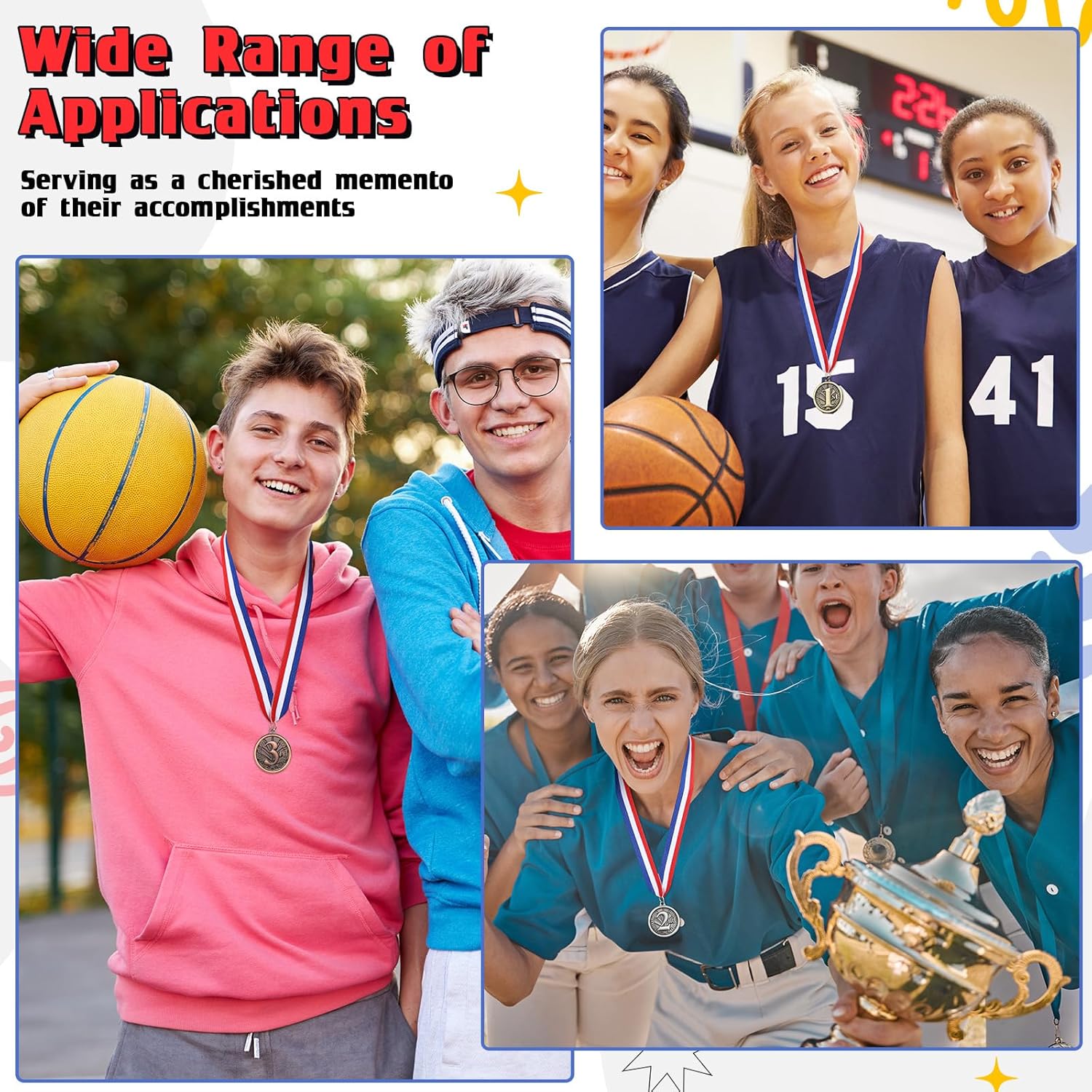 RoundFunny Award Medals - 1st, 2nd, 3rd Place Gold, Silver & Bronze Medals with Neck Ribbon | 2-Inch Trophy for Sports Competitions