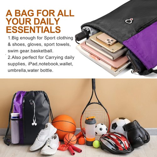 BeeGreen Purple Drawstring Backpack - Large Cinch Sack Gym Bag with Zipper & Mesh Pockets, 16 x 20 Inch