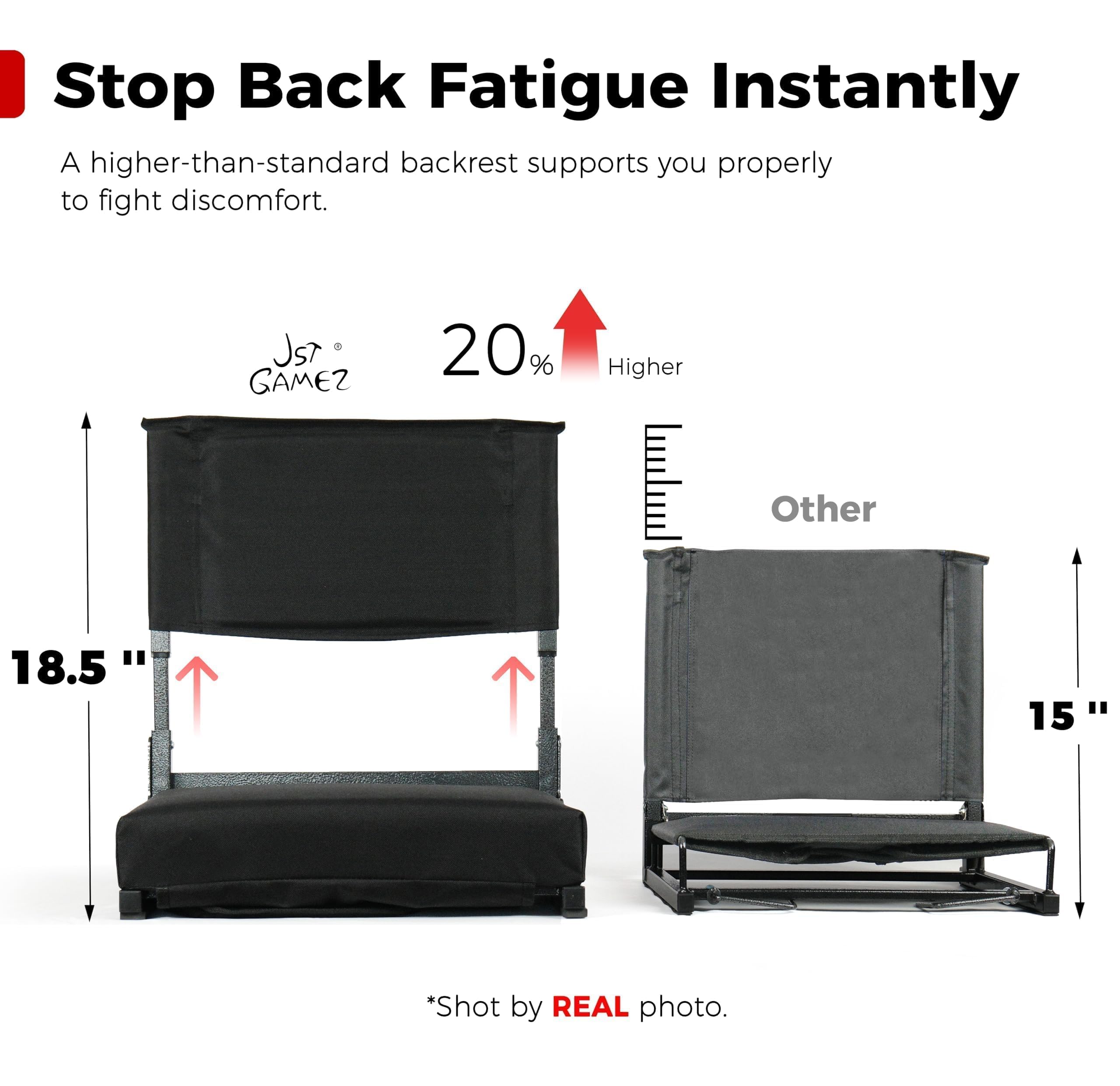 Stadium Seats with High Back Support Bleacher Chairs with 18.5in Adjustable Back and Wide Thick 3in Foam Cushion Portable Folding Bleacher Chair Includes Shoulder Strap and Cup Holderr Black 2 pcs