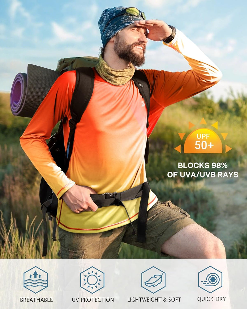 Roadbox Men's UV Sun Protection Shirt - UPF 50+ Long Sleeve Rash Guard for Fishing & Hiking