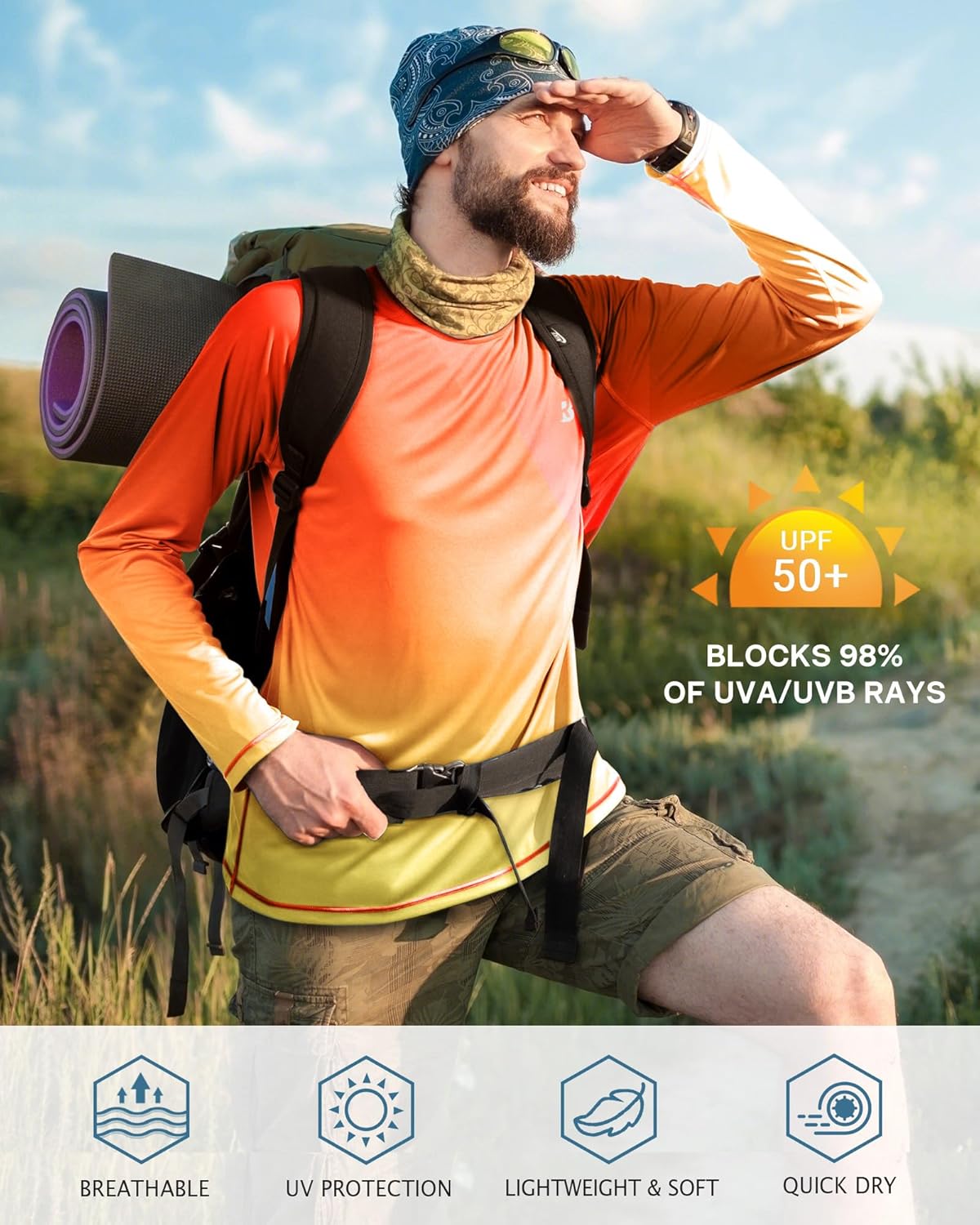 Roadbox Men's UV Sun Protection Shirt - UPF 50+ Long Sleeve Rash Guard for Fishing & Hiking