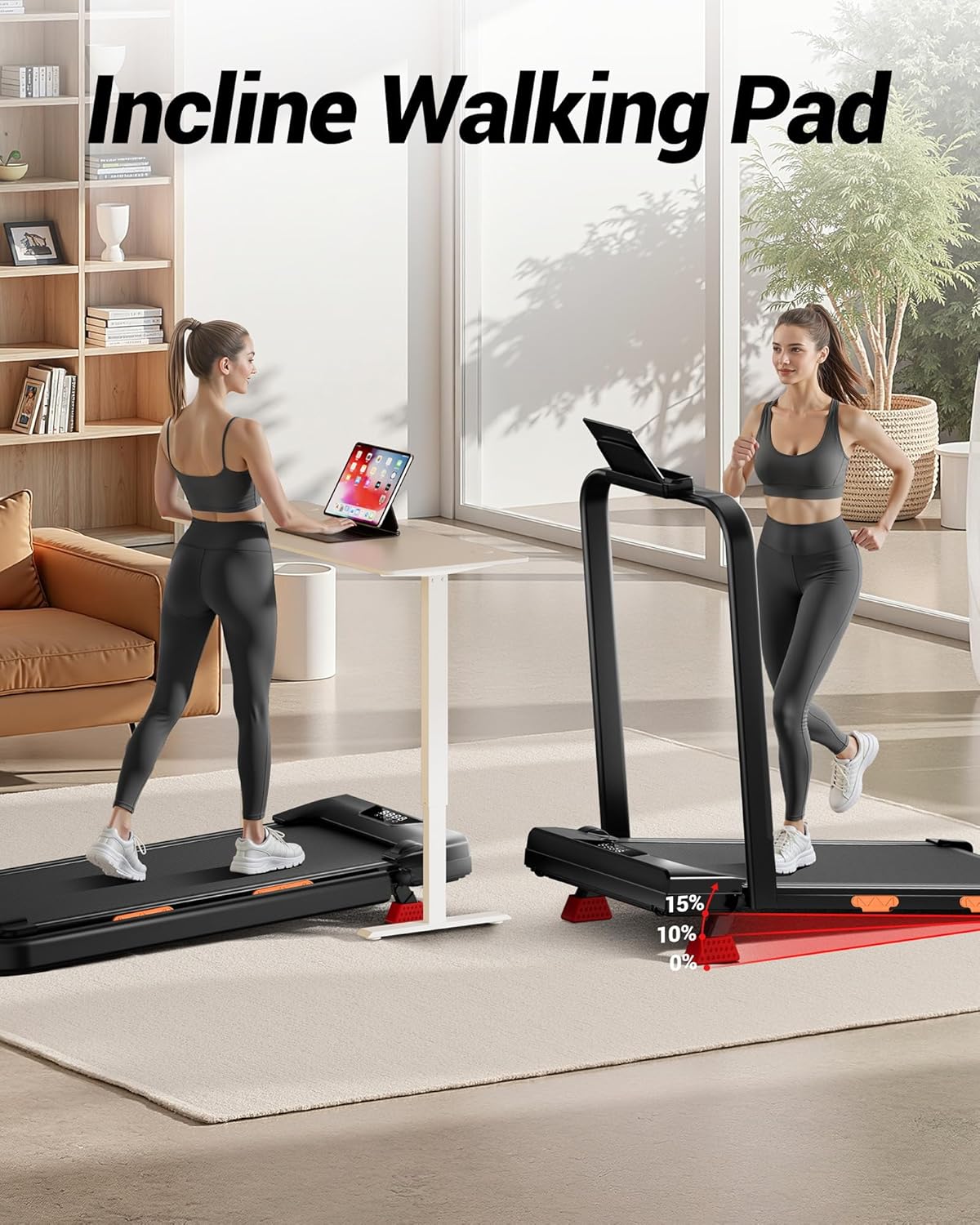 Skiennix 3-in-1 Walking Pad - Portable Under Desk Treadmill with 15% Incline | Foldable Design, 300 LBS Capacity