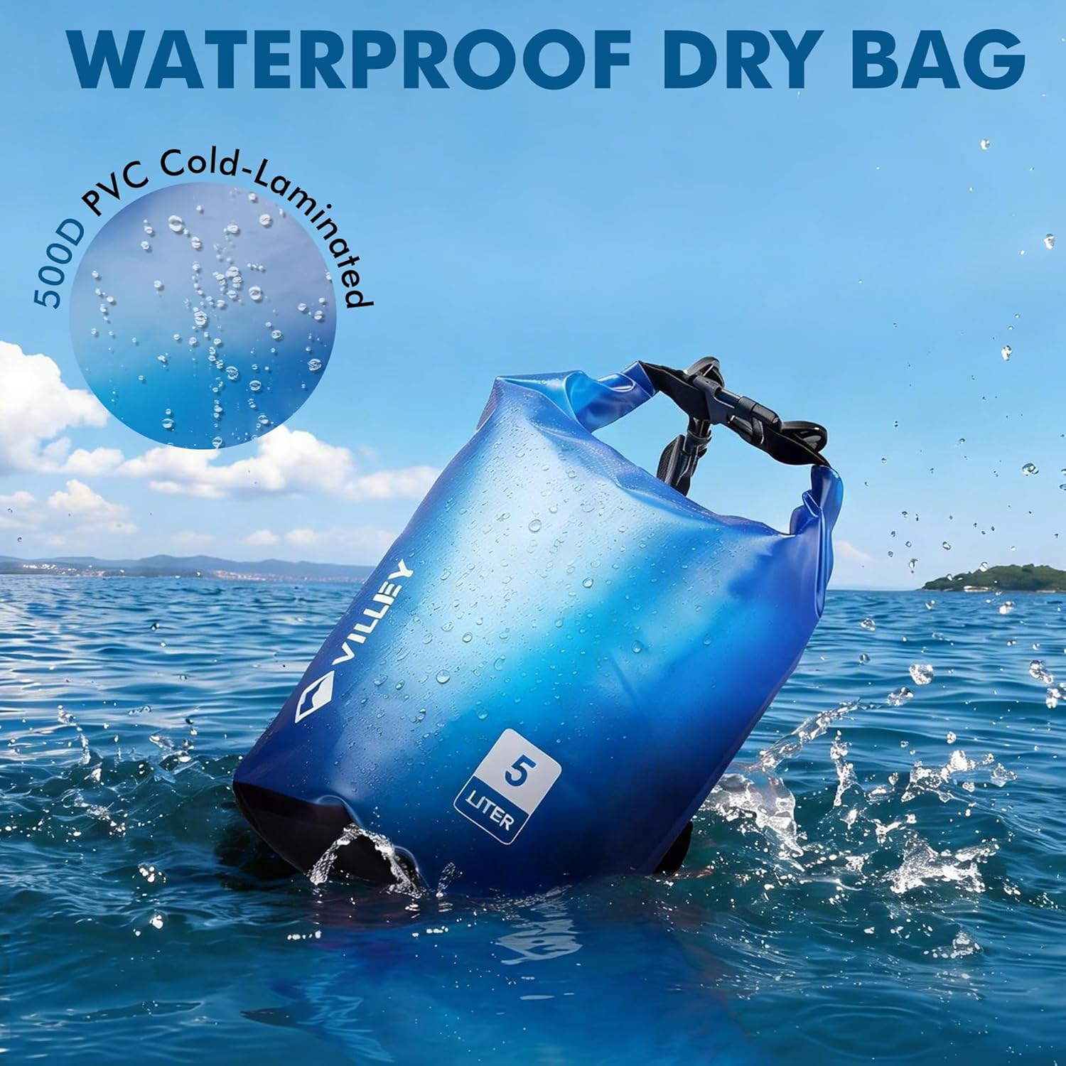 VILLEY Waterproof Dry Bag - 5L Roll Top Storage Backpack for Kayaking, Camping & Beach - Blue Transparent