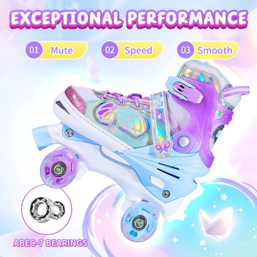 SHDSL Kids Roller Skates for Girls Boys Beginner, 4 Sizes Adjustable Quad Butterfly Roller Skates with All Light up Wheels, Birthday Gift for Girls Skates Indoor Outdoor Sports