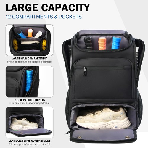 DBXINY Pickleball Bag Backpack Fits 4+ Paddles, Large Pickle ball Bags for Men and Women with Shoe Compartment and Fence Hook, Great Pickleball Gifts