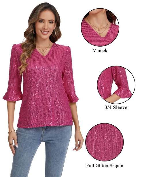 LADI TREND Sequined Tops for Women Ruffle 3/4 Sleeve Sparkly Shirts Evening Party Glitter Top Disco Cocktail Shimmer Shirts #Hot Pink,Size S#