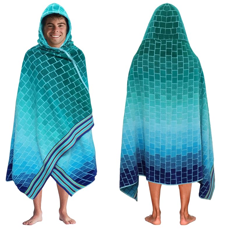 Hooded Beach Towel 39x68 Oversized 100% Cotton - Blue Tiles (1 Pack)