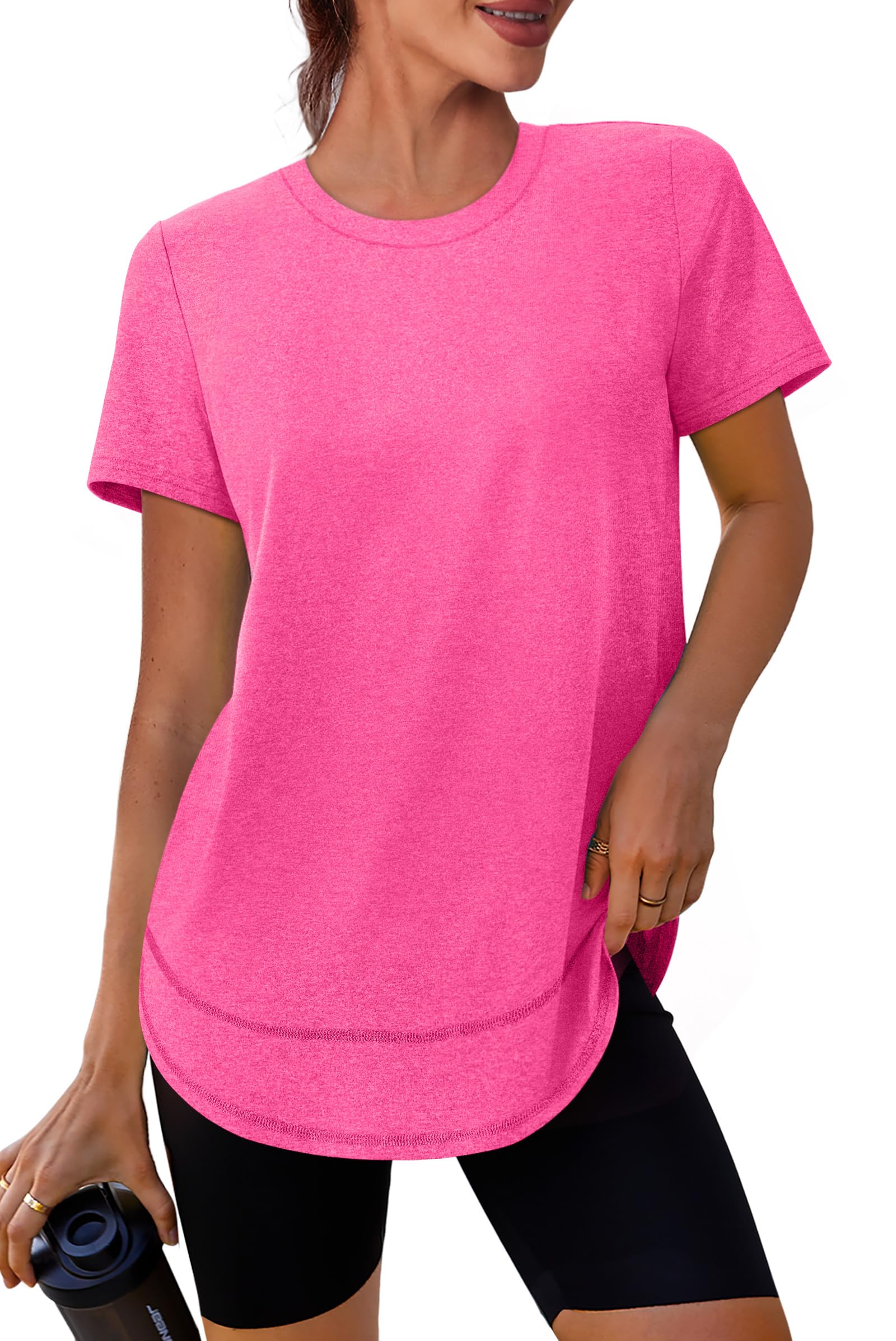 Summer Tops for Women 2026 Short Sleeve Workout Clothes Athletic Shirts Pilates Outfits Camisetas Deportivas para Mujer Hot Pink L
