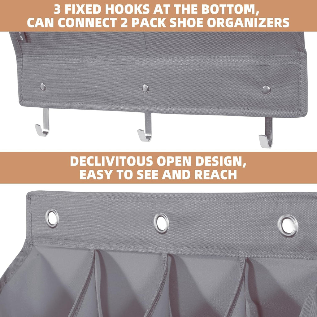 Storage Maniac Over Door Shoe Organizer - 2 Pack with 12 Large Pockets for Efficient Closet Storage | Grey