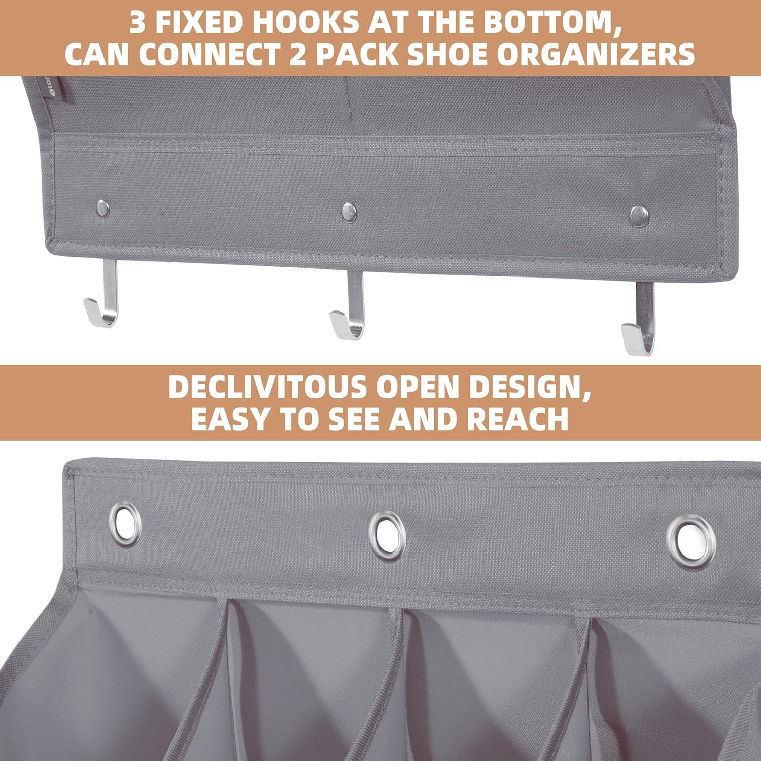 Storage Maniac Over Door Shoe Organizer - 2 Pack with 12 Large Pockets for Efficient Closet Storage | Grey