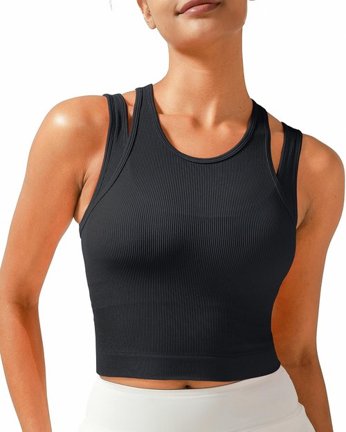 RUNNING GIRL Sports Bras for Women High Impact Seamless Ribbed Longline High Neck Workout Crop Tank Tops Padded(BX3036Black,M)