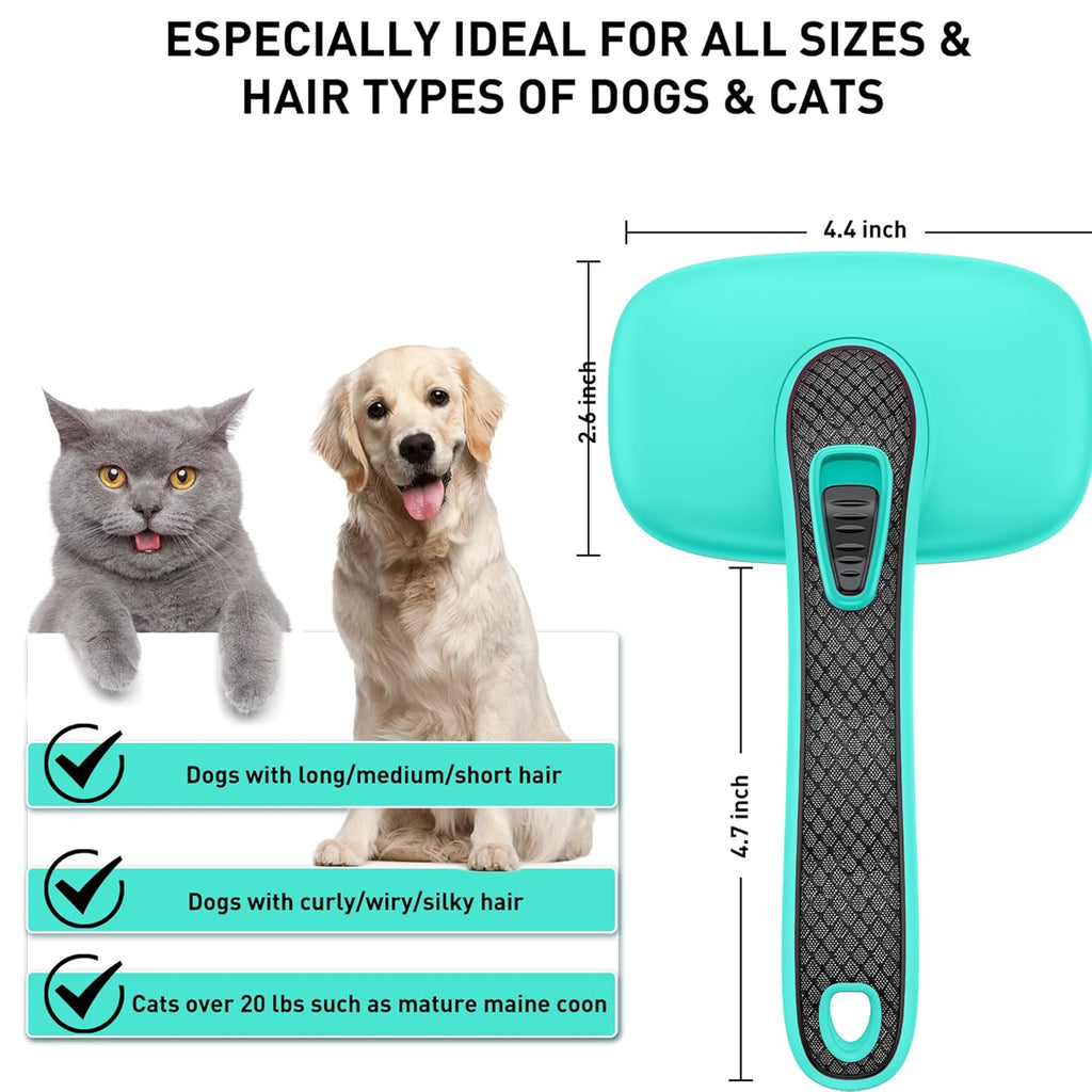 Skiennix Self-Cleaning Slicker Brush - Skin-Friendly Grooming Tool for Dogs & Cats | Easy Clean Retractable Bristles, Green