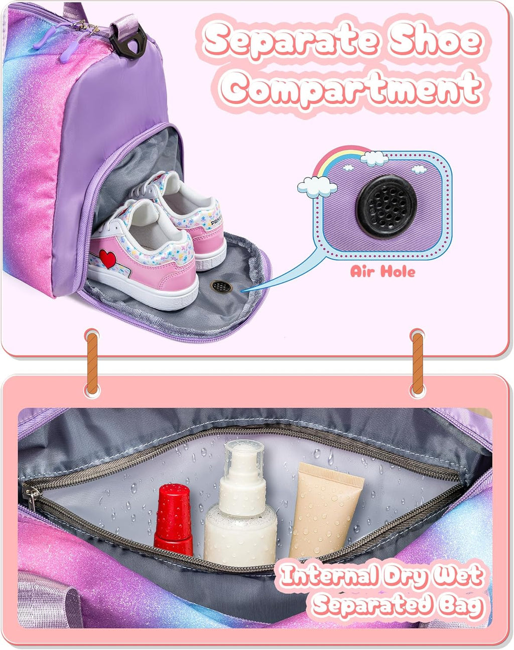 Skiennix Personalized Gym Bag for Girls - Stylish Weekender with Shoe Compartment & Makeup Pouch (Letter I)