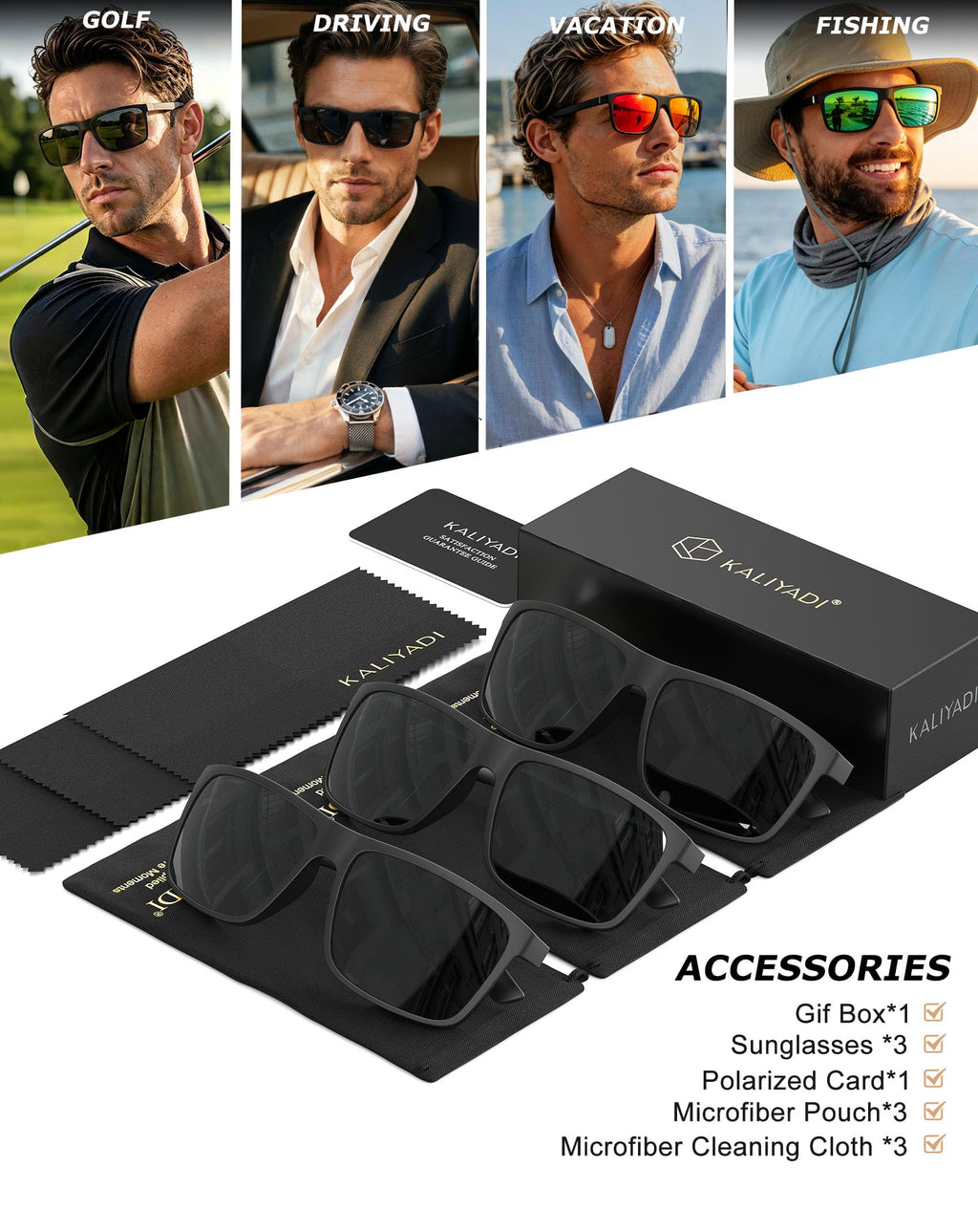 KALIYADI Polarized Sunglasses for Men and Women, Mens Sunglasses Polarized with UV Protection for Driving Fishing Golf (3 Packs)