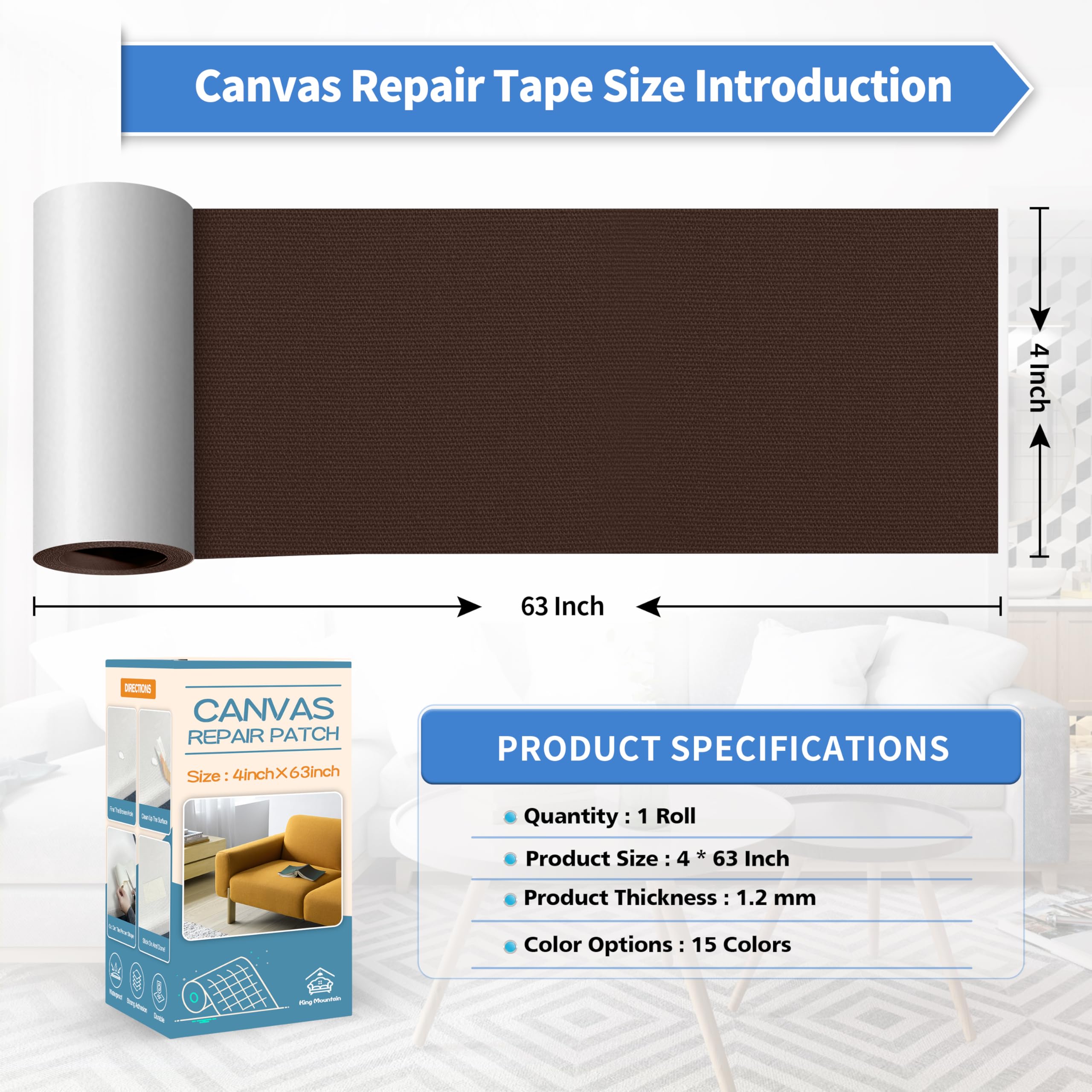 KING MOUNTAIN Canvas Repair Tape,Outdoor Gear Patch, 4×63 Inches,Waterproof,Self-Adhesive for Repairing Boat Covers,Sun Shades,Sofas,Tents,Lounge Chairs,Awnings (Coffee)