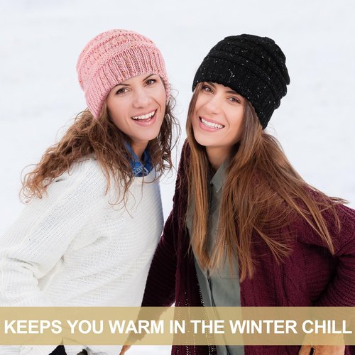 Handepo 6 Pieces Winter Knitted Satin Lined Beanie Hats for Women Satin Lined Cable Thick Cap Slouchy Cable Beanie Hat (Bright Colors)