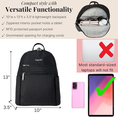 Baggallini Securtex® Anti-Theft Travel Backpack - Slash-Resistant Nylon Daypack with RFID | Black