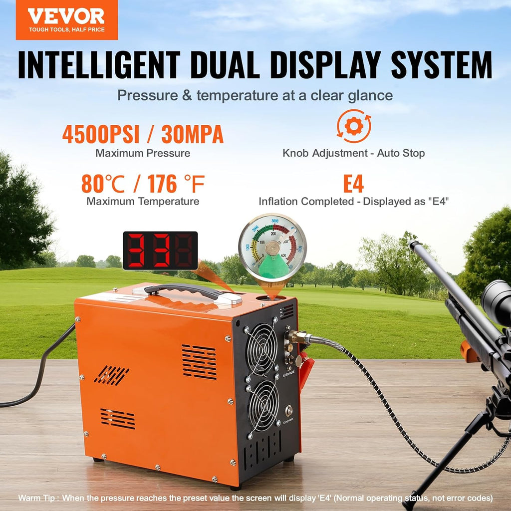 VEVOR PCP Air Compressor - 4500PSI Portable Airgun Compressor with Auto-Stop | Oil & Water-Free, DC12V/AC120V