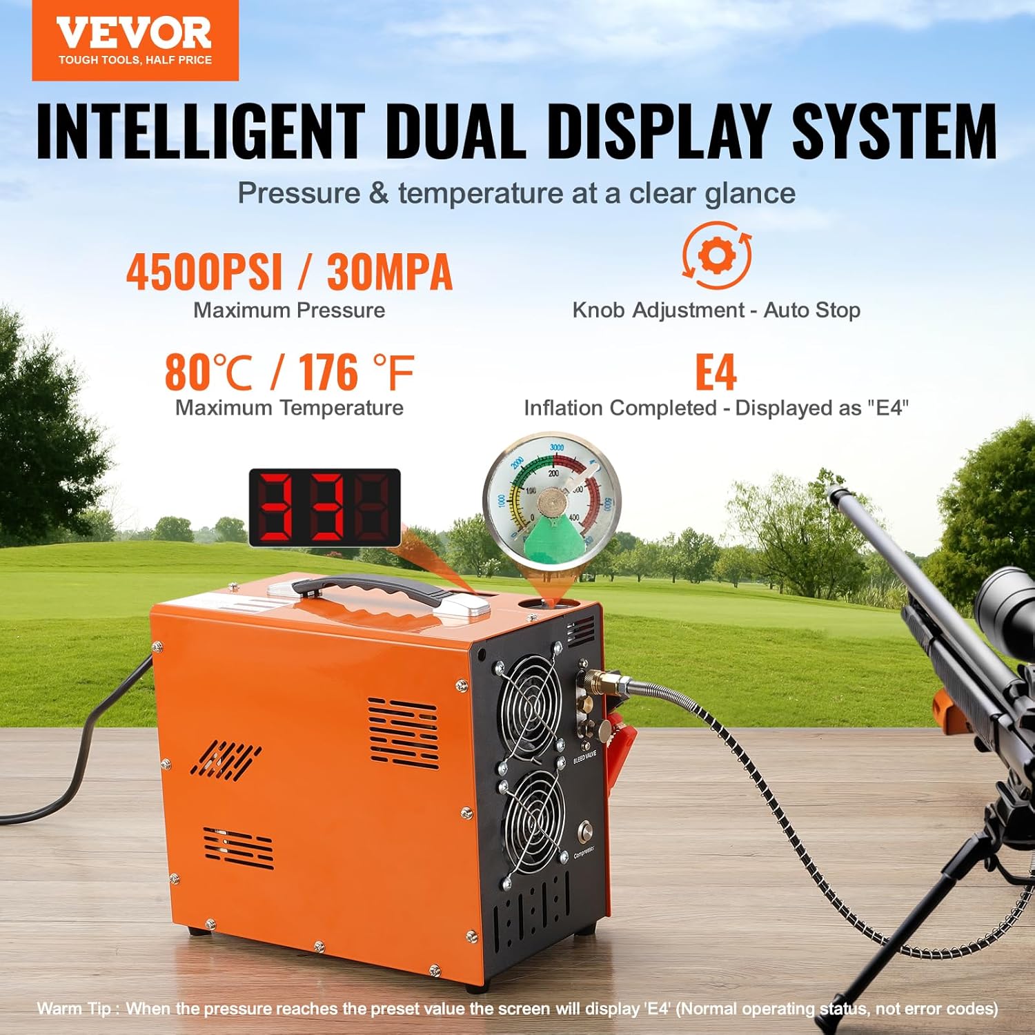 VEVOR PCP Air Compressor - 4500PSI Portable Airgun Compressor with Auto-Stop | Oil & Water-Free, DC12V/AC120V