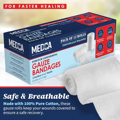 MEDca Gauze Bandage Rolls - Medical Grade 2" x 4.1 Yards, 12 Pack for Wound Care & First Aid