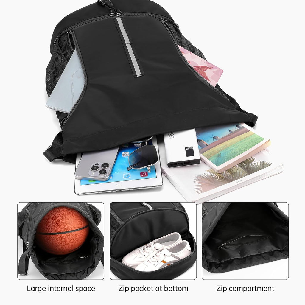 Skiennix Sport Gym Bag - Drawstring Backpack with Shoe Compartment & Reflective Strips | Black