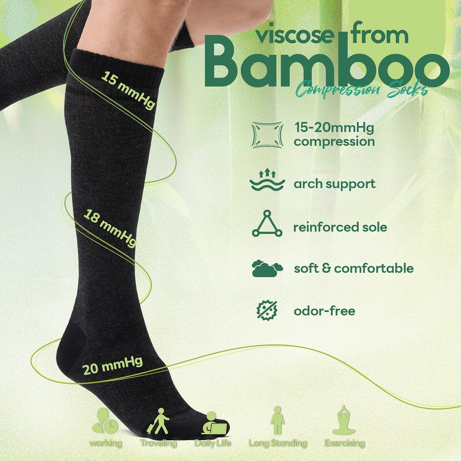 Skiennix Compression Socks - 15-20 mmHg Bamboo Viscose Knee High Support for Travel & Daily Use