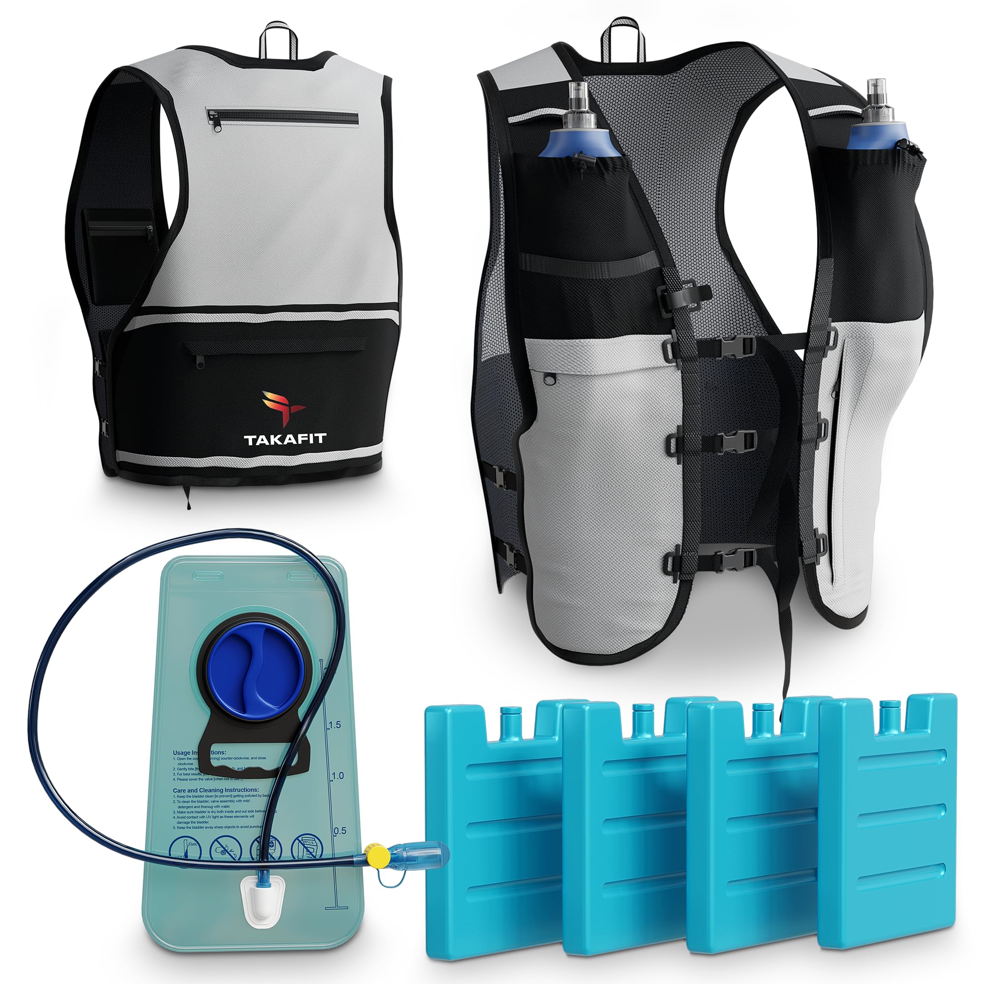 TakaFiTrail Running Hydration Vest Men - Breathable Trail Running Hydration Vest w/ 2 Water Bottles, Bladder Pouch, Ice Pack for Runners - Reflective Marathon Gear Jogging Backpack for Hiking