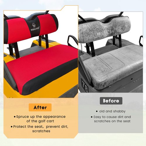 Golf Cart Seat Covers 2 PCS Front and Rear Seat Covers Sets for EZGO TXT RXV and Club Car DS 2000 and UP Standard Seat Cushion,Replacement Cooling Breathable Washable No Stapler Needed(Red& Black)