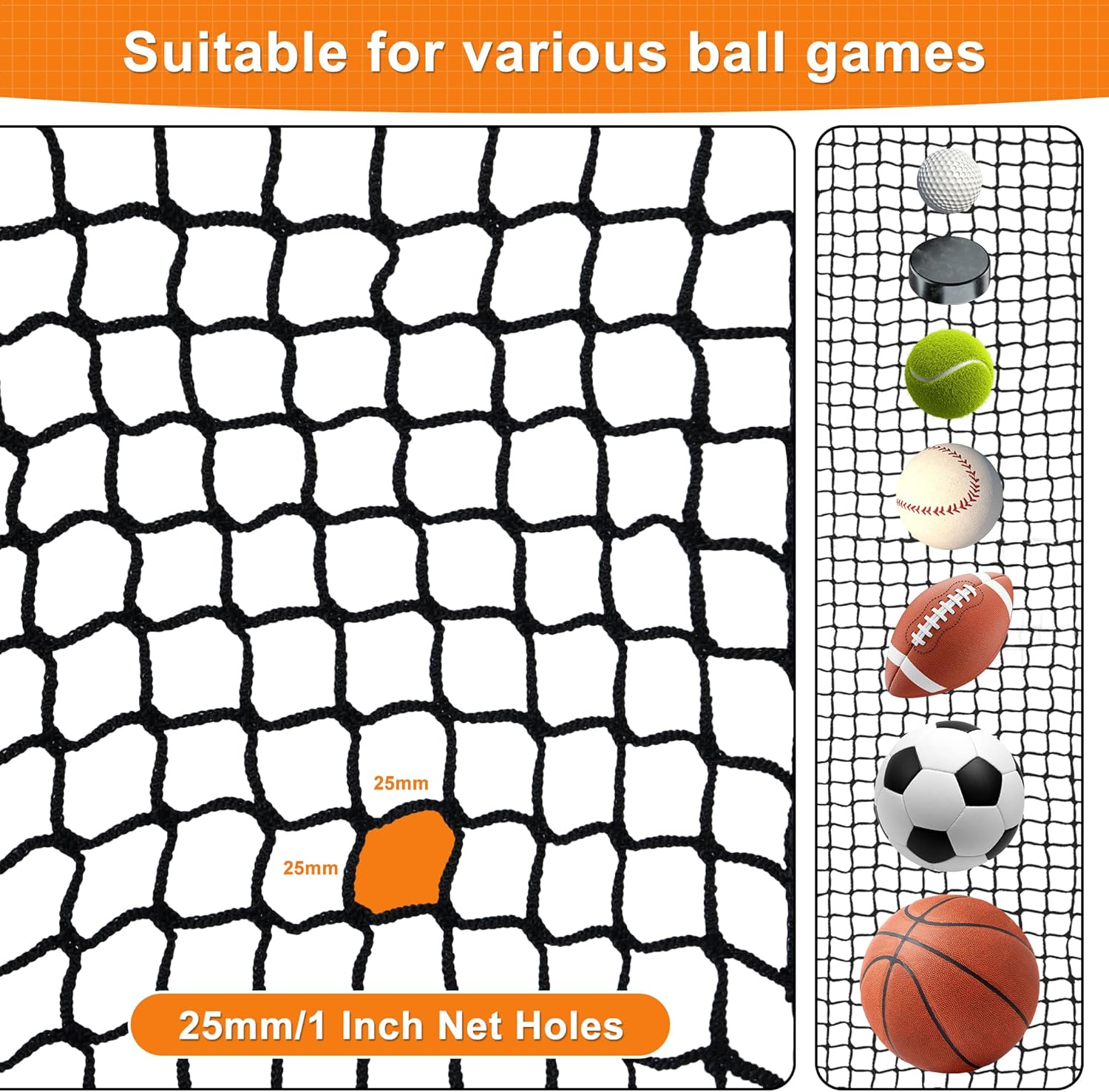 Nylon Golf Net 10-50ft - Durable Weatherproof Hitting Net With Rope & Carabiners for Baseball, Hockey, Soccer