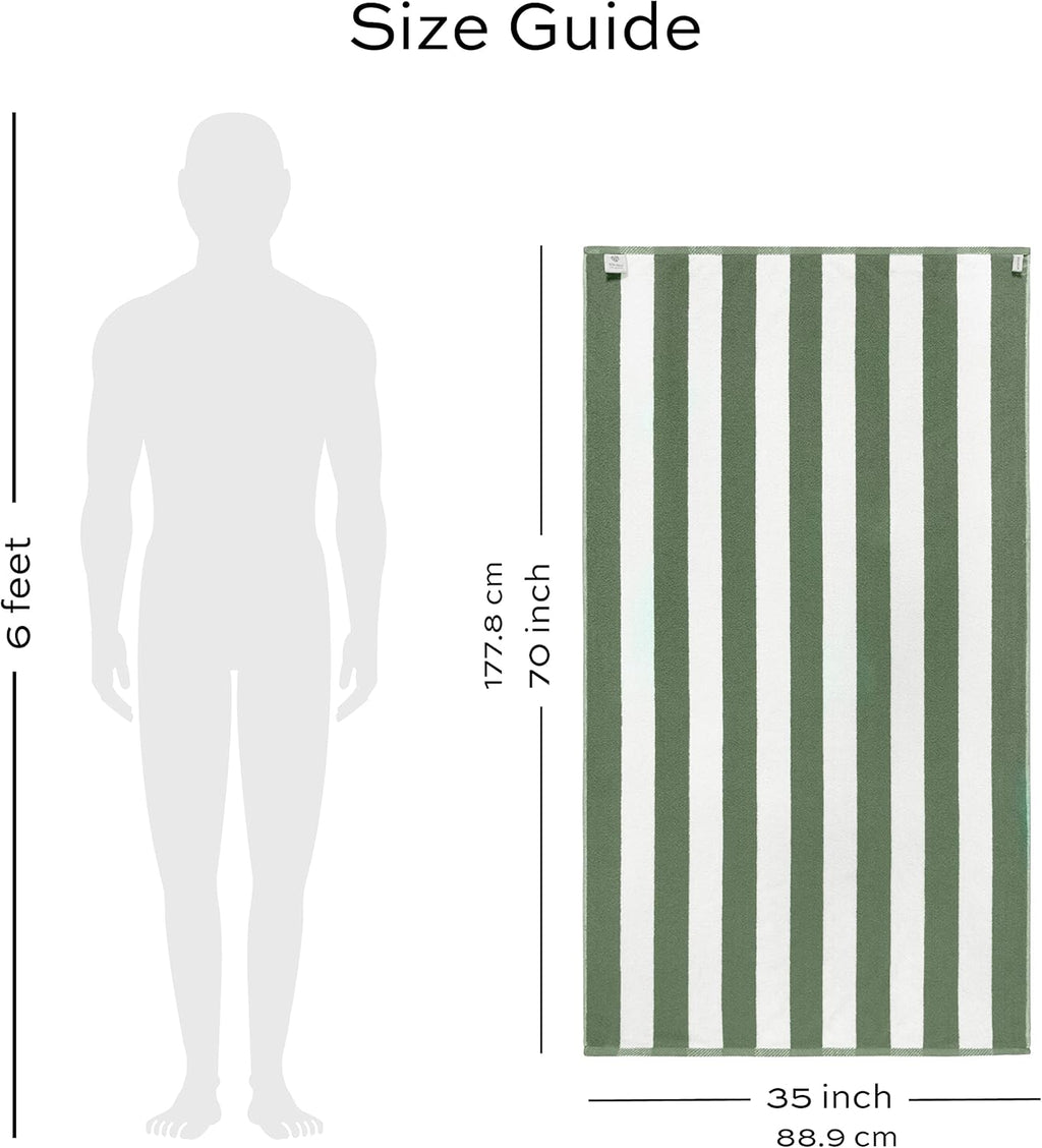 Regine Switzerland Oversized Cabana Stripe Beach Towels - Luxury Plush Quick-Dry Cotton 35x70 in Khaki Green | 2 Pack
