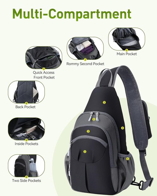 AGPTEK Lightweight Sling Bag - Compact Crossbody Daypack with Water Bottle Holder | Grey EDC Bag for Outdoor Travel