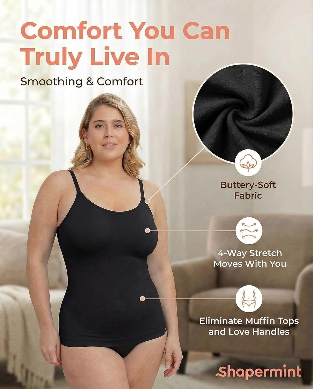 Shapermint Women's Scoop Neck Cami Body Shaper - Tummy Control Shapewear Tank Top