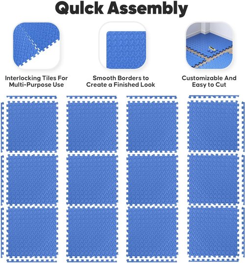 Home Gym Mat - EVA Interlocking Foam Exercise Tiles for Workout & Play Areas | Blue, 24x24 in, 16 Tiles