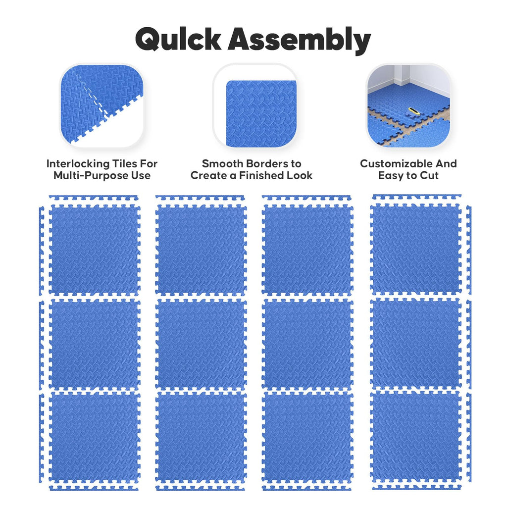 36 Pack Home Gym Mat, Puzzle Exercise Mat, EVA Interlocking Foam Floor Tiles for Home Workout Equipment and Kids' Play Areas -, 24 in x 24 in x ½ in, Blue 36 Tiles