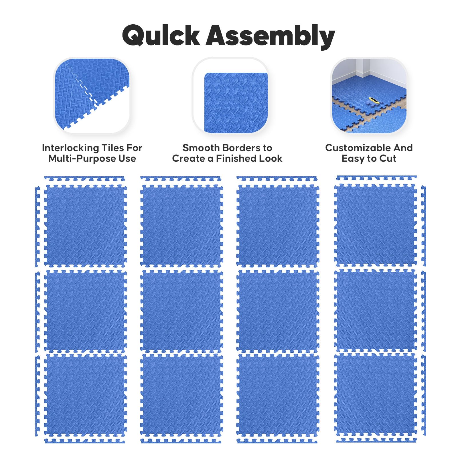 36 Pack Home Gym Mat, Puzzle Exercise Mat, EVA Interlocking Foam Floor Tiles for Home Workout Equipment and Kids' Play Areas -, 24 in x 24 in x ½ in, Blue 36 Tiles