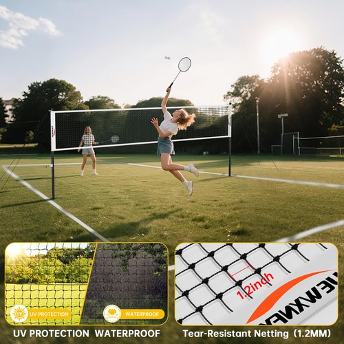 AUEWXNFYH Professional Badminton Set for Backyard: Width-Adjustable Net (20/16/13ft) with Stainless Steel Winch, 1.26" Aluminum Poles, 4 Carbon Composite Rackets (28lbs), Boundary Line & Carry Bag