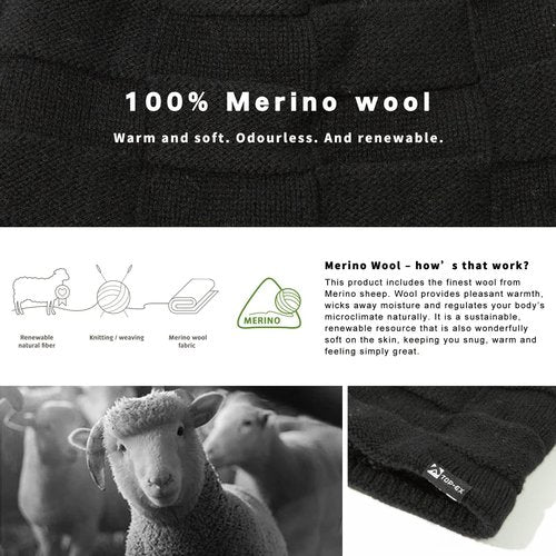 TOP-EX Winter Slouchy Beanies Hats for Men Big Head Merino Wool Knitted Skull Fleece Lined Long Stocking Ski Running Large XL XXL Black