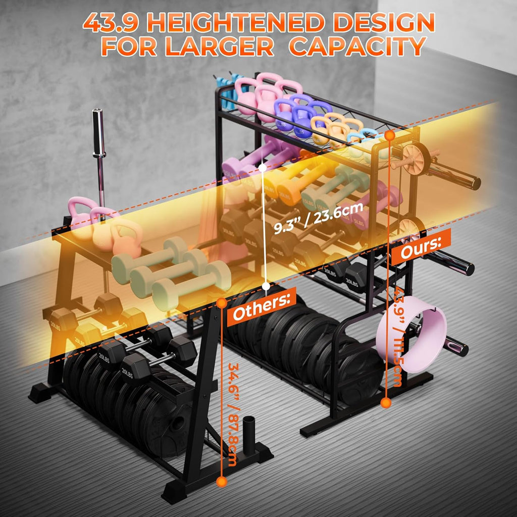 Skiennix XL Adjustable Weight Rack - Dumbbell & Barbell Storage Stand with 3 Olympic Racks | Home Gym Organizer