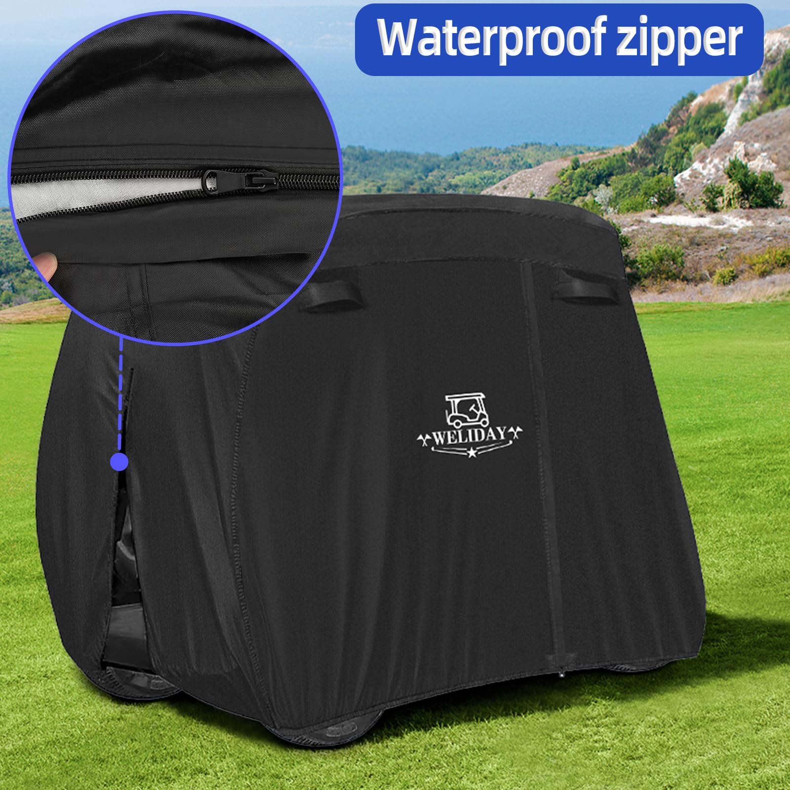 WELIDAY Golf Cart Cover Compatible with Yamaha EZGO Club Car, 2/4/4+2 Passengers Golf Cart Cover with Three Zipper Doors, Water Resistant Polyester Fabric for All-Weather Protection