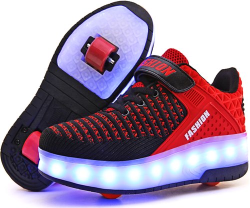 Ufatansy Rechargeable Boys LED Shoes Roller Skates Girls Roller Skate Shoes Kids LED Light up Wheel Sneakers Charging by USB Double Wheels for Kids(1 M US = CN32, Red)