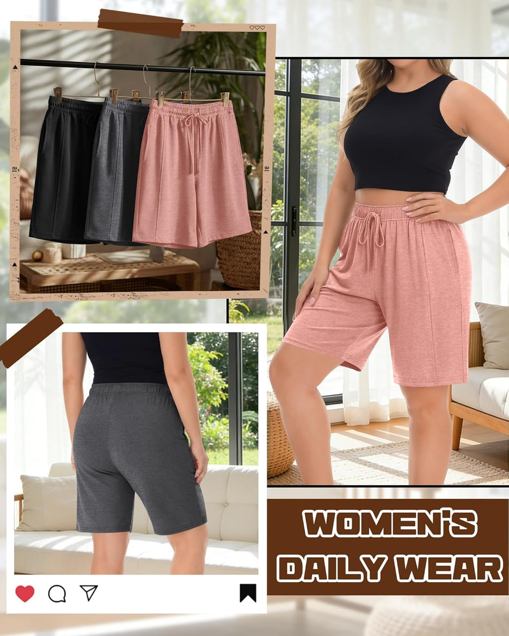 Skiennix Women's Plus Size Bermuda Shorts - Wide Leg, Elastic Drawstring, Pockets | Comfortable Athletic Wear