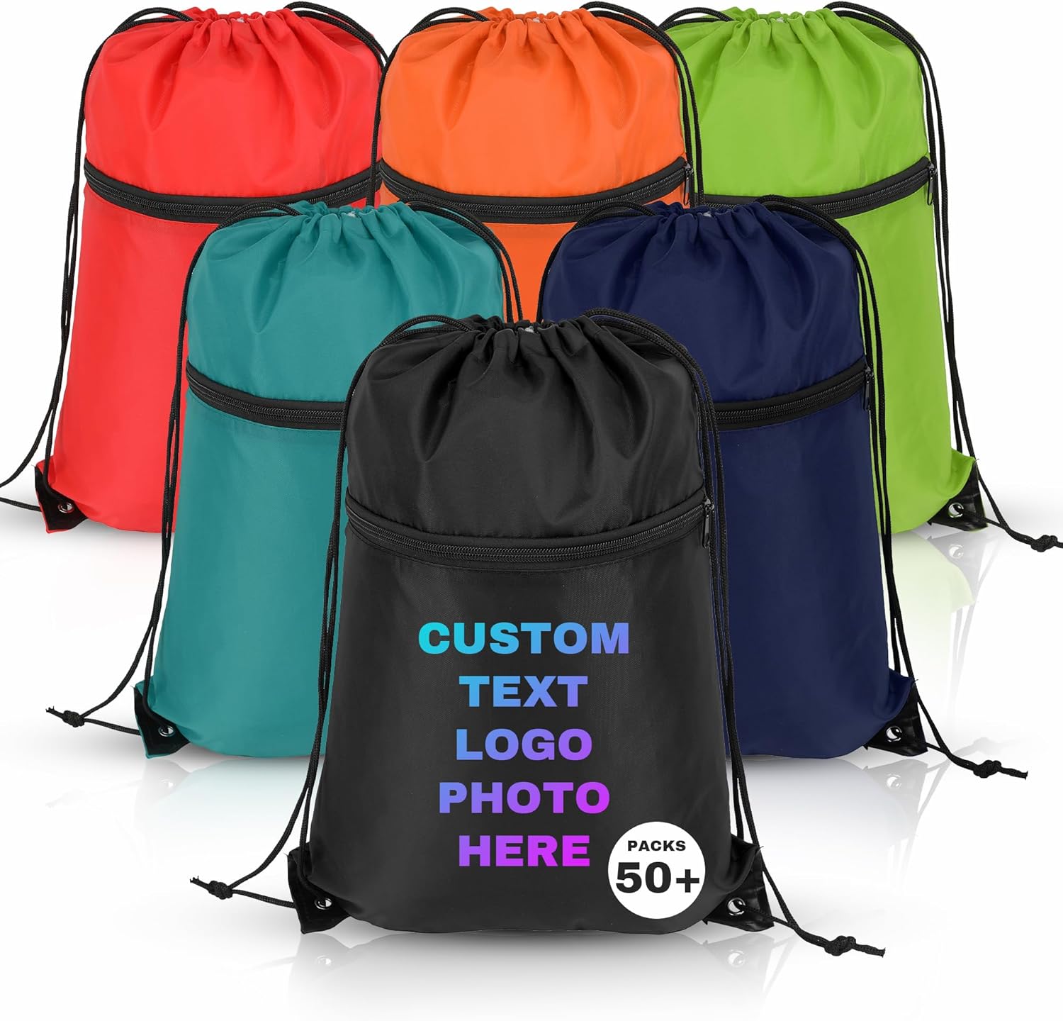Skiennix Custom Drawstring Backpacks - Personalized Cinch Tote Bags with Zipper Pocket | 100/200 Pack